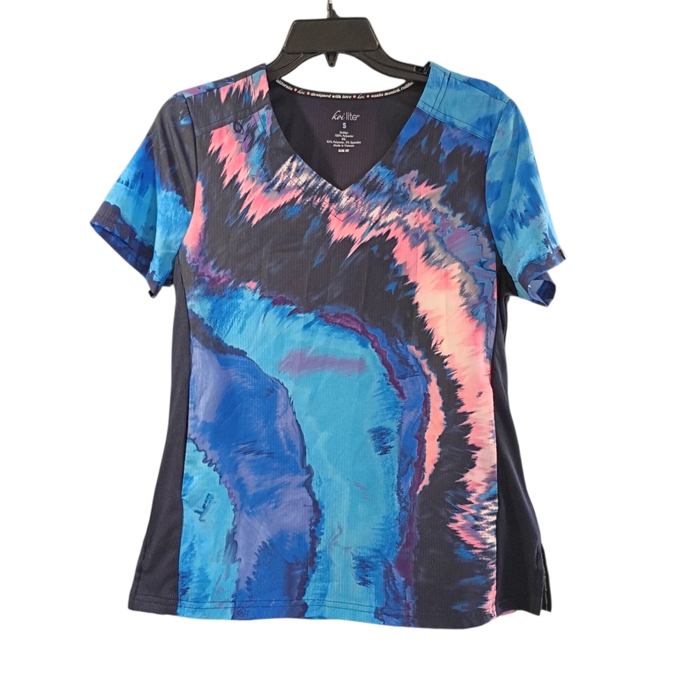 EUC koi lite Women's S Patterned Medical Nurse Scrub Top Blue Pink Navy‎ Stretch